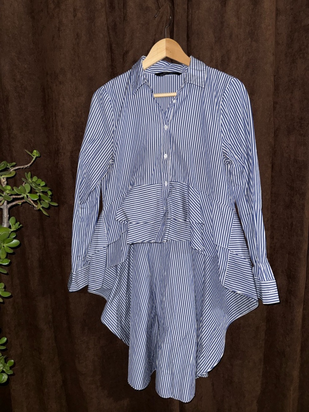 Zara Blue and White Striped Hi-Low Peplum Button-Down Shirt - Picture 2 of 5